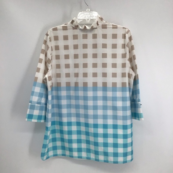 Ming Wang Women’s Ruffled Cotton Gingham Blouse Spring Casual Tan/Blue Size Med - Picture 5 of 11